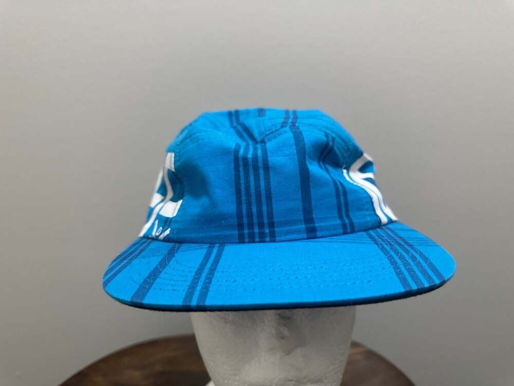 Vtg10Deep Blue Striped 5-Panel Camper Hat with Large Side Graphics